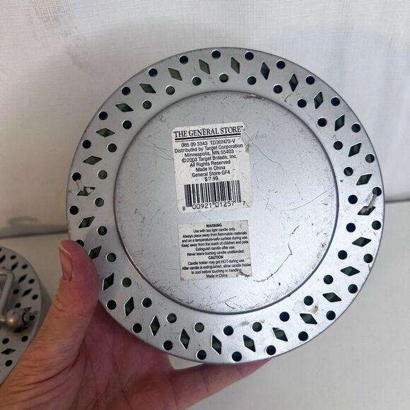 Collapsible Hanging Candle Lanterns Set of 2 Green & Blue Metal Case Tea Lights - Picture 6 of 8